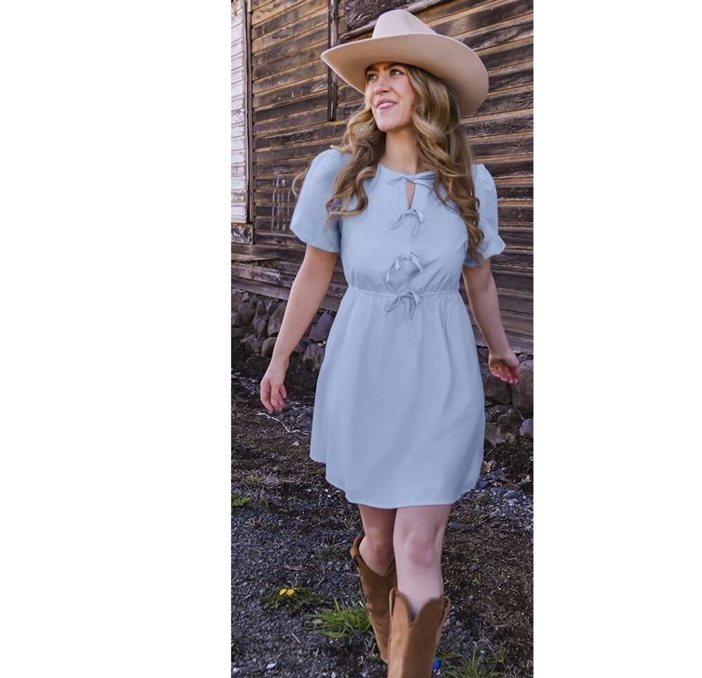 Pretty Garden Short Sleeve Tie Front Mini Dress Babydoll Blue Women’s Small